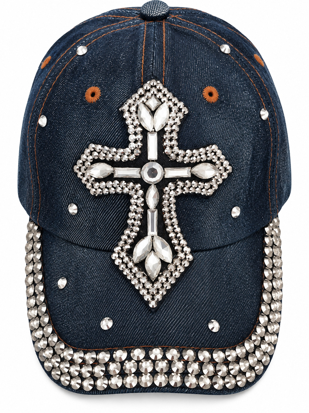 Womens Denim Rhinestone Cross Hat Bling Jeweled Christian Faith Adjustable Cap